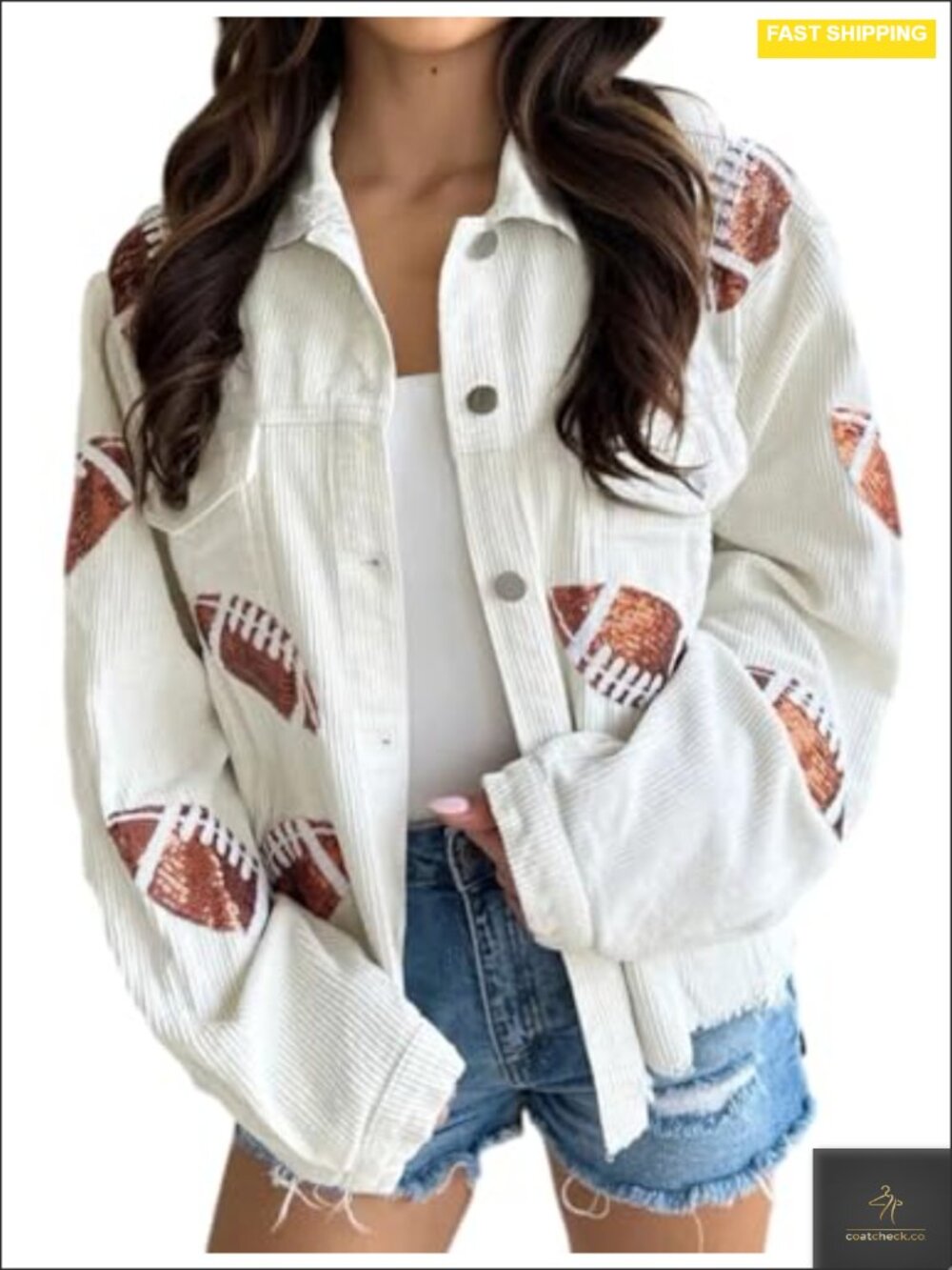 Women's Sequin Football Skull Cropped Corduroy Button Up Jacket Vintage Wash